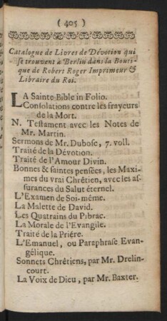 Catalogue de Livres de Dévotion ...