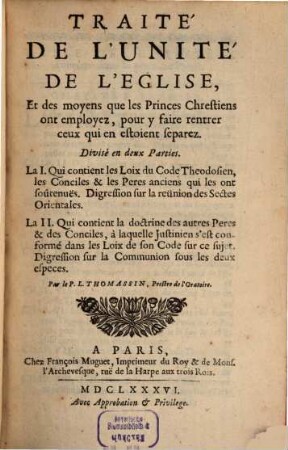 Traité de l'unité de l'eglise