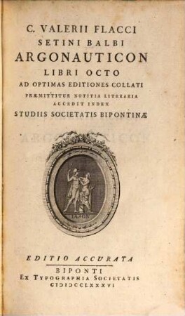 C. Valerii Flacci Setini Balbi Argonauticon Libri Octo : Ad Optimas Editiones Collati Præmittitur Notitia Literaria Accedit Index
