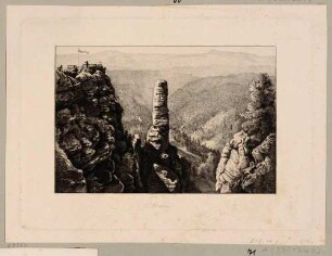 Der Prebischkegel bei Herrnskretschen (heute Hřensko, Tschechien) in der Böhmischen Schweiz nach Südosten