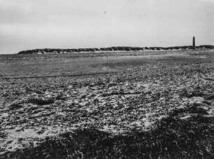 Strand mit Leuchtturm : Blick über den Strand zu den Dünen, am rechten Bildrand steht ein Leuchtturm.