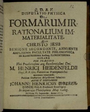 Disputatio Physica De Formarum Irrationalium Immaterialitate