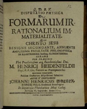 Disputatio Physica De Formarum Irrationalium Immaterialitate