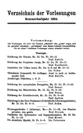 Verzeichnis der Vorlesungen Sommerhalbjahr 1924.