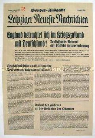 Sonderausgabe der "Leipziger Neuesten Nachrichten" zur Kriegserklärung Großbritanniens an Deutschland