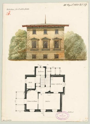 Ländliches Wohnhaus, Berlin-Lichterfelde Monatskonkurrenz April 1881: Grundriss Erdgeschoss, Aufriss Seitenansicht