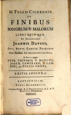 M. Tullii Ciceronis de finibus bonorum & malorum libri quinque