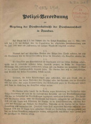 Polizei-Verordnung zur Regelung der Dienstverhältnisse der Dienstmannschaft in Spandau