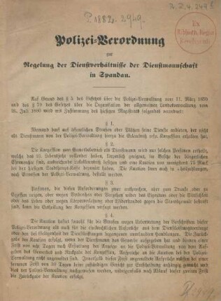 Polizei-Verordnung zur Regelung der Dienstverhältnisse der Dienstmannschaft in Spandau