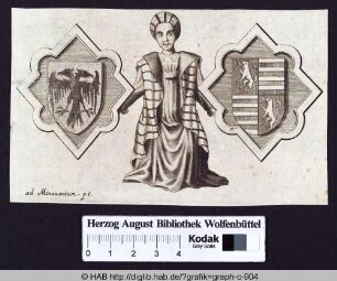 Eine Gestalt in orientalischer Kleidung und Turban mit zwei Wappen