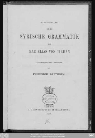 Turas mamla surija oder Syrische Grammatik des Mar Elias von Tirhan