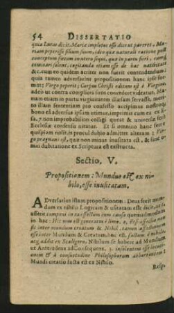 Sectio V. Propositionem: Mundus est ex nihiolo, esse inusitatem.