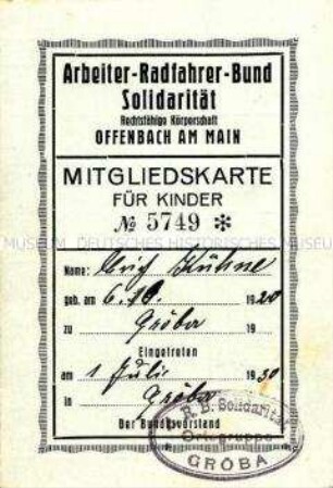 Mitgliedskarte des Arbeiter-Radfahrer-Bundes Solidarität für Kinder