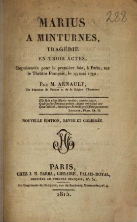 Marius à Minturnes : tragédie en trois actes