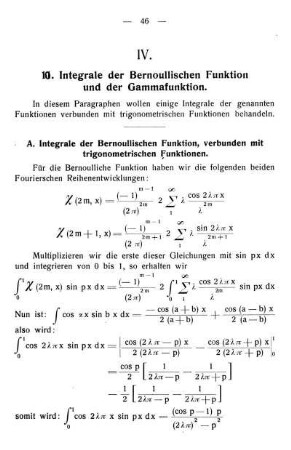 A. Integrale der Bernoullischen Funktion, verbunden mit trigonometrischen Funktionen.