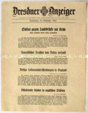 Nachrichtenblatt "Dresdner Anzeiger" u.a. über deutsche Luftangriffe auf die Landbrücke zur Krim und auf Leningrad