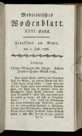 XXVI. Stück. Frankfurt am Mayn, den 1. Julii 1786. - XXX. Stück. Frankfurt am Mayn, den 29. Julii 1786.