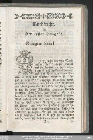 Vorbericht. zu Der ersten Ausgabe.