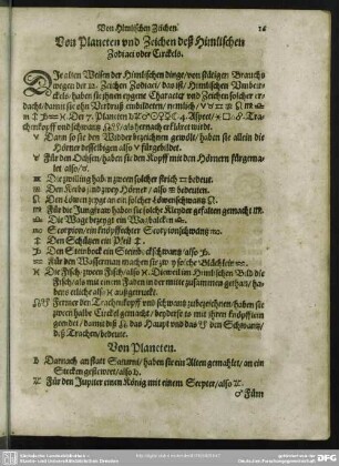 Von Planeten und Zeichen deß Himlischen Zodiaci oder Circkels