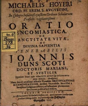 Oratio encomiastica de sanctitate vitae ... Joannis Duns Scoti ...