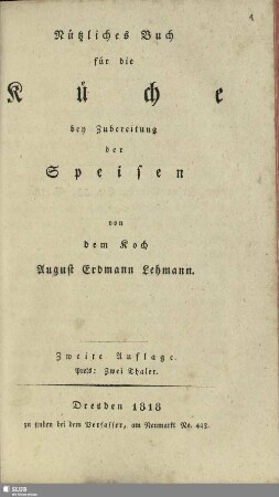 Nützliches Buch für die Küche bey Zubereitung der Speisen