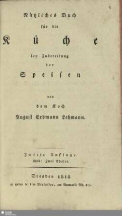 Nützliches Buch für die Küche bey Zubereitung der Speisen