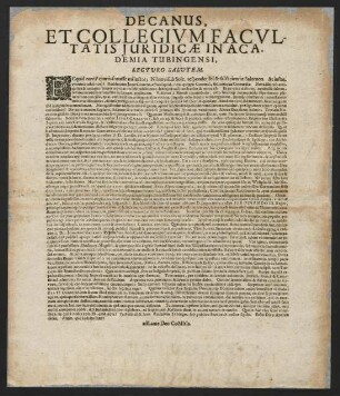 Decanus, Et Collegivm Facvltatis Juridicae In Academia Tubingensi Lecturo Salutem
