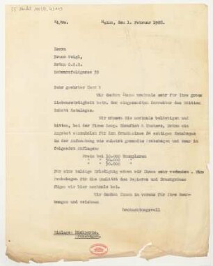 Brief an Bruno Weigl : 01.02.1928