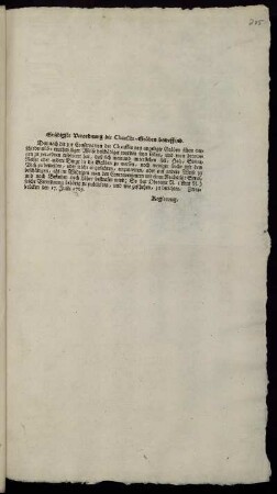 Gnädigste Verordnung die Chaussée-Gräben betreffend : Zweybrücken den 17. Junii 1769.