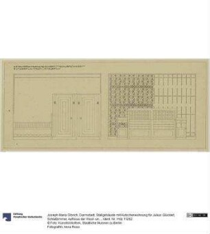 Darmstadt, Stallgebäude mit Kutscherwohnung für Julius Glückert, Schlafzimmer, Aufrisse der West- und Ostwand