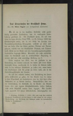 I. Das Steuerwesen der Grafschaft Hoya