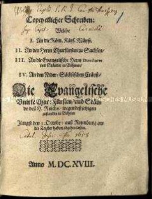 Flugschrift mit vier Schreiben der Evangelischen Union an die Stände des Reichs