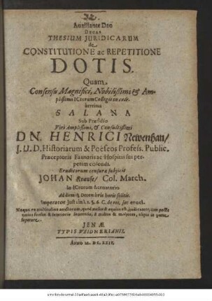 Decas Thesium Iuridicarum de Constitutione ac Repetitione Dotis