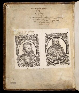 Spiegel: Handschrift des Martin Crusius, darunter Doppelporträt des Malers (?) Philippus Rhele und Martin Crusius