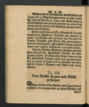 Tit. XIII. Von Wolffs-Jagten und Wölffe zu fangen.