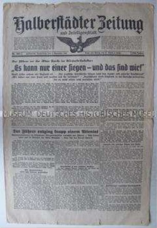 Regionale Tageszeitung "Halberstädter Zeitung" zur Rede von Hitler im Münchener Bürgerbräukeller anlässlich des Jahrestages des "Hitler-Putsches"