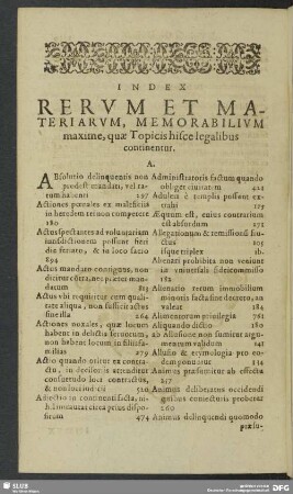 Index Rerum Et Materiarum, Momorabilium maxime, quae Topicis hisce legalibus continentur