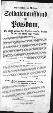 Extra=Blatt zur Reform. Soldatenaufstand in Potsdam. (Sammlung Friedlaender)
