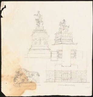 Reiterdenkmale und ein Universitätsgebäude: Perspektivische Vorderansicht und Seitenansicht zweier Reiterstandbilder (Friedrich II.?), Aufriss Vorderansicht und Grundriss eines Universitätsgebäudes