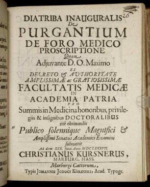 Diatriba Inauguralis De Purgantium De Foro Medico Proscriptione