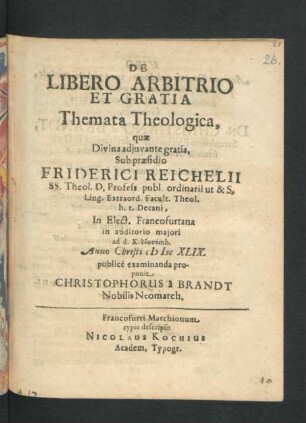 De Libero Arbitrio Et Gratia Themata Theologica