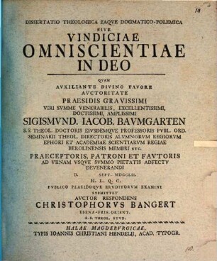 Dissertatio Theologica Eaqve Dogmatico-Polemica Sive Vindiciae Omniscientiae In Deo