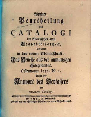 Leipziger Beurtheilung der Wienerischen alten Stadtbibliothek