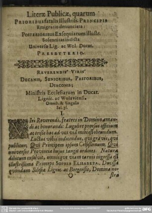 Literae Publicae, quarum Prioribus fatalis Illustris. Principis Emigratio denunciata ...