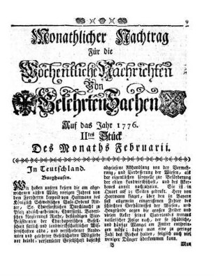 Monathlicher Nachtrag [...] Auf das Jahr 1776. IItes Stück Des Monaths Februarii