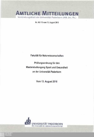 Prüfungsordnung für den Masterstudiengang "Sport und Gesundheit" an der Universität Paderborn : vom 13. August 2010