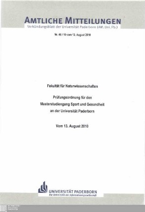 Prüfungsordnung für den Masterstudiengang "Sport und Gesundheit" an der Universität Paderborn : vom 13. August 2010
