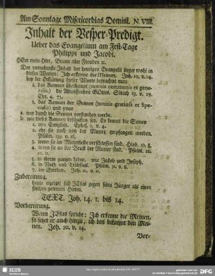 Inhalt der Vesper-Predigt [Am Sonntage Misericordias Domini]