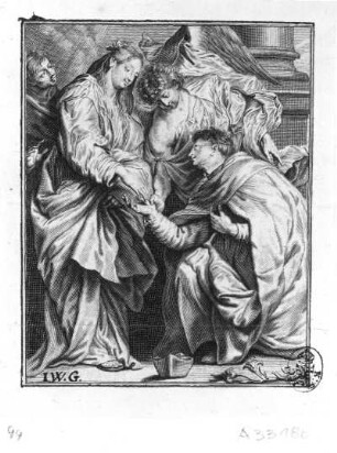 Die mystische Vision des heiligen Hermann Joseph : Nach Dyck, Anton van, Kopie nach Pontius, Paulus. Die mystische Vision des heiligen Hermann Joseph. Kupferstich; 11,1 x 8,8 cm. Dresden: Kupferstich-Kabinett A 33186 in A 1285,3 / 1286,3 van Dyck, Tom IV (S. 40)