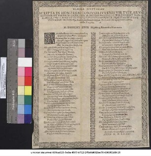 Elegia Nvptialis Scripta In Honorem Conivgii Ivvenis Virtvte, Ervditione, Et Pietate Ornatiss. D. Iacobi Mvlbeccii Halensis, Et Margaritæ, Viri Eximii Et Integer. Sapientia & Virtvte Præstantis D. Bartholomæi Botcheri, Senatoris quondam inclytæ Reip. Halensis digniß. laudatæ memoriæ, relictæ F. neogamōn